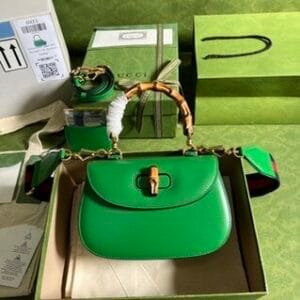 Gucci Leather Bamboo  Small Handbag - Green 38779 | Sandra Bags