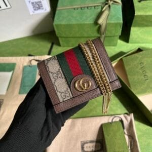 Gucci Brown GG pattern Leather Chain Wallet 64383 | Sandra Bags