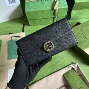 Gucci Wrestled Cowhide Long Interlocking Pouch - Black 70466 | Sandra Bags