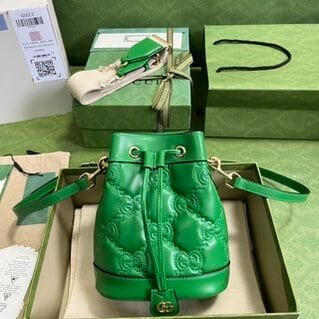 Gucci GG Matelasse Leather Mini Bucket Bag - Green 38833 | Sandra Bags