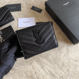 YSL Caviar Short Tri-fold Wallet - Black (Black) 98343 | Sandra Bags