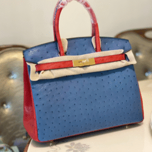 Hermes Ostrich Skin Hand Bag - Blue/Red 77047 | Sandra Bags