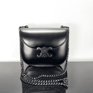 Celine Teen Besace Triomphe Glossy Cow Leather Chain Handbag - Black 22312 | Sandra Bags