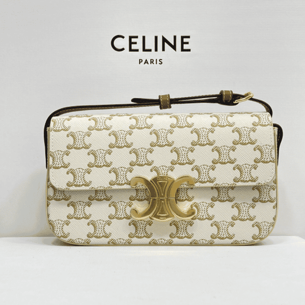 Celine Triomphe Shiny Cow Leather Shoulder Bag - White 28923 | Sandra Bags