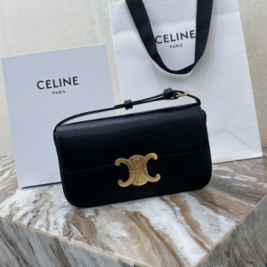 Celine Triomphe Shiny Cow Leather Shoulder Bag - Black 19897 | Sandra Bags