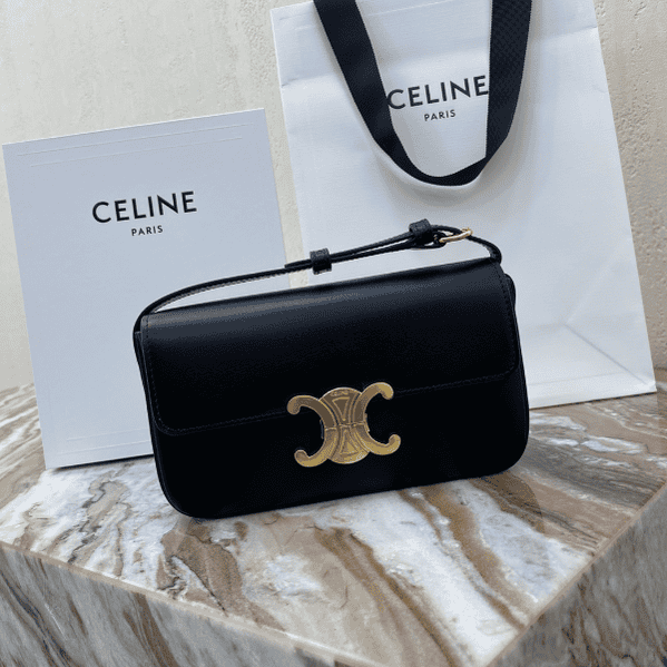 Celine Triomphe Shiny Cow Leather Shoulder Bag - Black 19897 | Sandra Bags