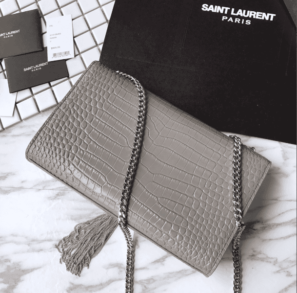 YSL Yves Saint Laurent Small Crocodile Pattern Tassel Bag - Gray 28197 | Sandra Bags - Image 3