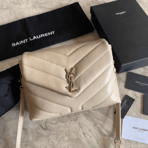 YSL LouLou Y-Shaped Satchel Small Handbag - Cream (Golden Logo) 63470 | Sandra Bags