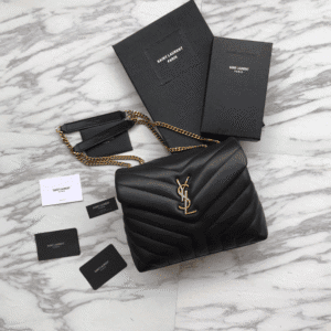 YSL LouLou Y-Shaped Satchel Medium Handbag – Black (Golden Logo) 57719 | Sandra Bags