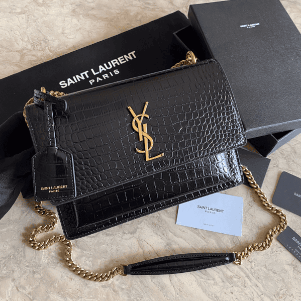 YSL Yves Small Crocodile Handbag - Black 81047 | Sandra Bags
