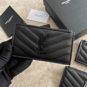 YSL Caviar Zipper Card Holder - Black 60689 | Sandra Bags