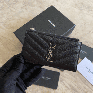 YSL Caviar Zipper Card Holder - Black 64325 | Sandra Bags