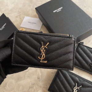 YSL Caviar Zipper Card Holder - Black 39560 | Sandra Bags