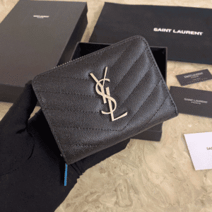 YSL Caviar Zipper Large Capacity Short Wallet - Black (Silver) 84826 | Sandra Bags