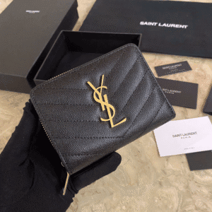 YSL Caviar Zipper Large Capacity Short Wallet - Black (Golden) 25448 | Sandra Bags