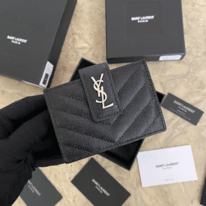 YSL Caviar Card Holder - Black (Silver) 37483 | Sandra Bags