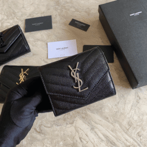 YSL Caviar Short Tri-fold Wallet - Black (Silver) 33139 | Sandra Bags