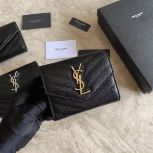 YSL Caviar Short Tri-fold Wallet - Black (Golden) 22297 | Sandra Bags