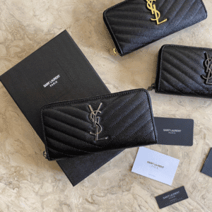YSL Caviar Zipper Wallet - Black (Silver) 35397 | Sandra Bags