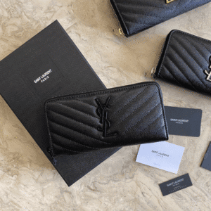 YSL Caviar Zipper Wallet - Black (Black) 27615 | Sandra Bags