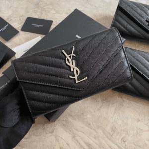 YSL Caviar Wallet Practical One zipper Compartment Bag - Black (Silver) 21883 | Sandra Bags