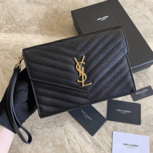 YSL Caviar Clutch With Small Handle - Black (Golden) 66298 | Sandra Bags
