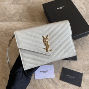 YSL Caviar Clutch With Small Handle - White (Golden) 29885 | Sandra Bags