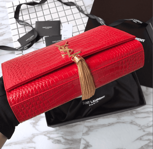 YSL Yves Saint Laurent Small Crocodile Pattern Tassel Bag - Red 95875 | Sandra Bags - Image 4