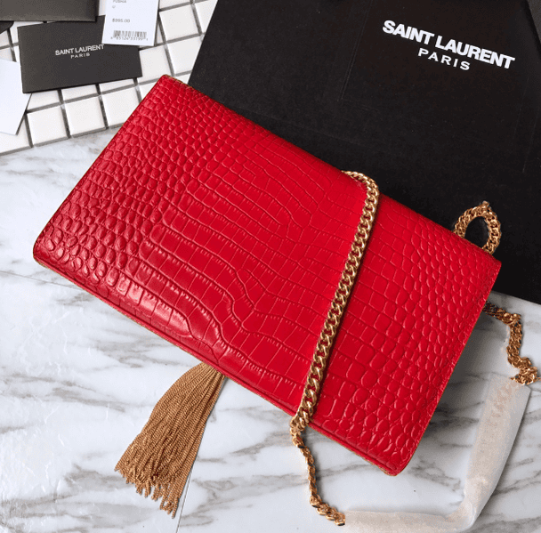 YSL Yves Saint Laurent Small Crocodile Pattern Tassel Bag - Red 95875 | Sandra Bags - Image 3