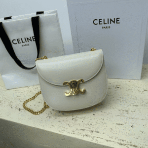 Celine Teen Besace Triomphe Glossy Cow Leather Chain Handbag - White 13319 | Sandra Bags