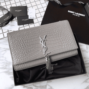 YSL Yves Saint Laurent Small Crocodile Pattern Tassel Bag - Gray 28197 | Sandra Bags