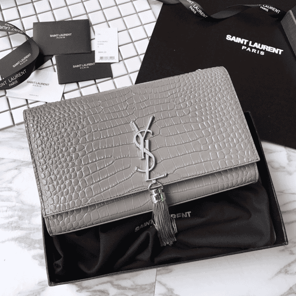 YSL Yves Saint Laurent Small Crocodile Pattern Tassel Bag - Gray 28197 | Sandra Bags