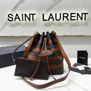 YSL Saint Laurent Le Monogramme Stripe Faux Leather Bucket Bag - Brown 87802 | Sandra Bags
