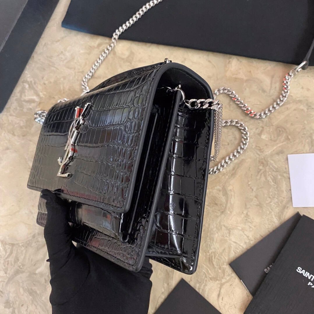 YSL Hot Small Crocodile Pattern Shoulder Bag - Black 77677 | Sandra Bags - Image 4