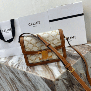 Celine Teen Triomphe Canvas And Calfskin Handbag - White/Brown 59977 | Sandra Bags