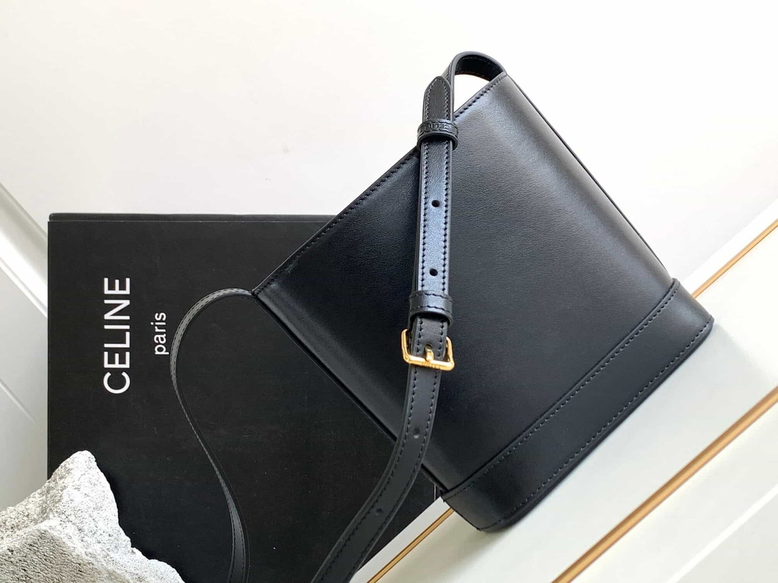Celine Cuir Triomphe Mini Smooth Cow Leather Bucket Bag - Black 81988 | Sandra Bags - Image 4