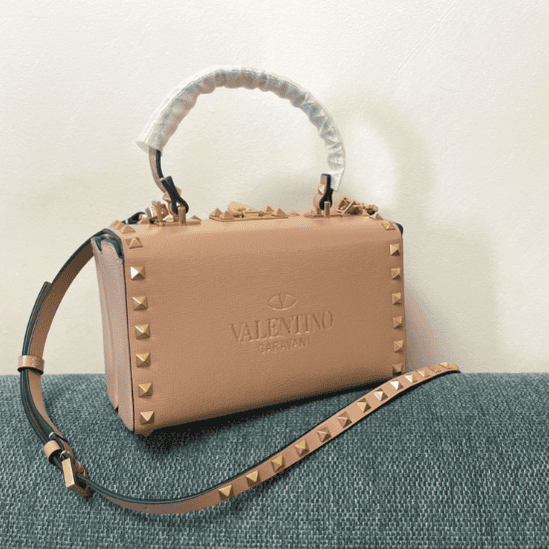 Valentino Garavni Rockstud Alcove Grained Calfskin Box Bag - Cream 82198 | Sandra Bags