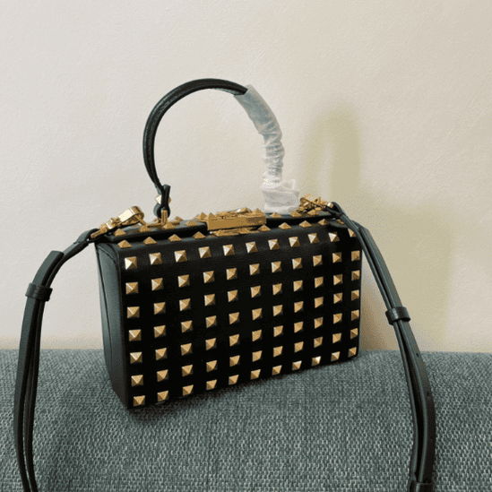 Valentino Garavni Rockstud Alcove Grained Calfskin Box Bag - Black 23335 | Sandra Bags