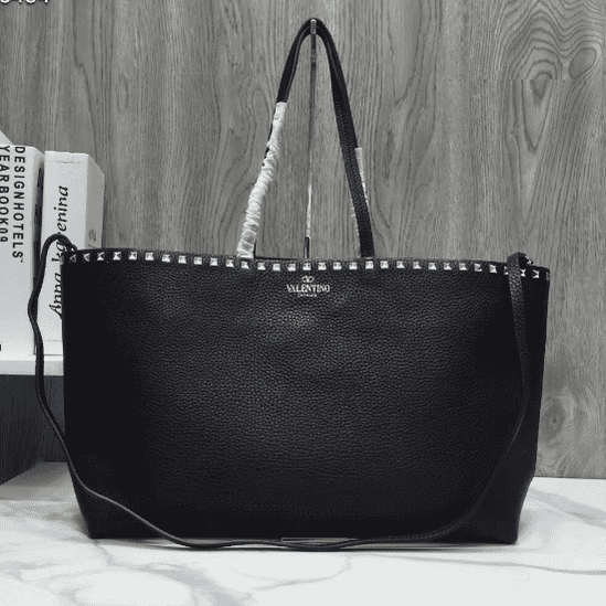 Valentino Counter Garavani Rockstud Calfskin Shopping Bag - Black 13383 | Sandra Bags